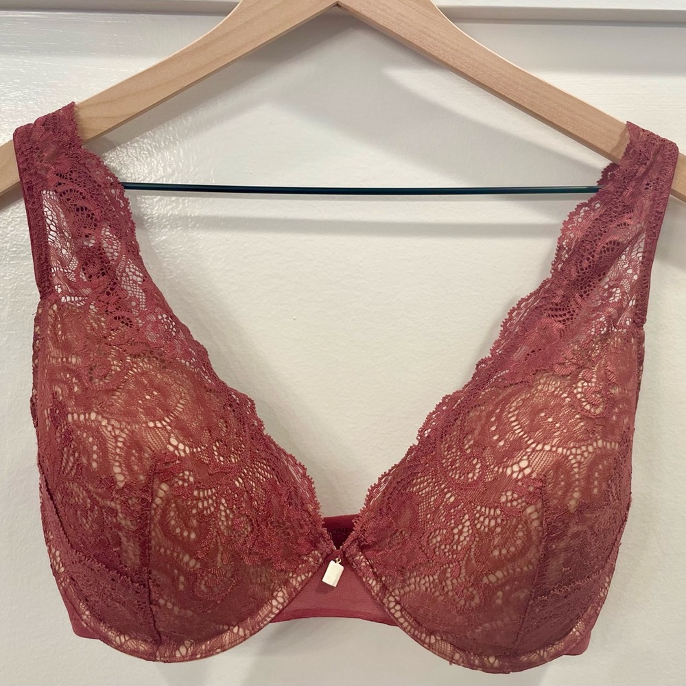 NEW! Thirdlove Women's 32F 24/7 Contour Plunge Maroon Lace Underwire Push-Up Bra